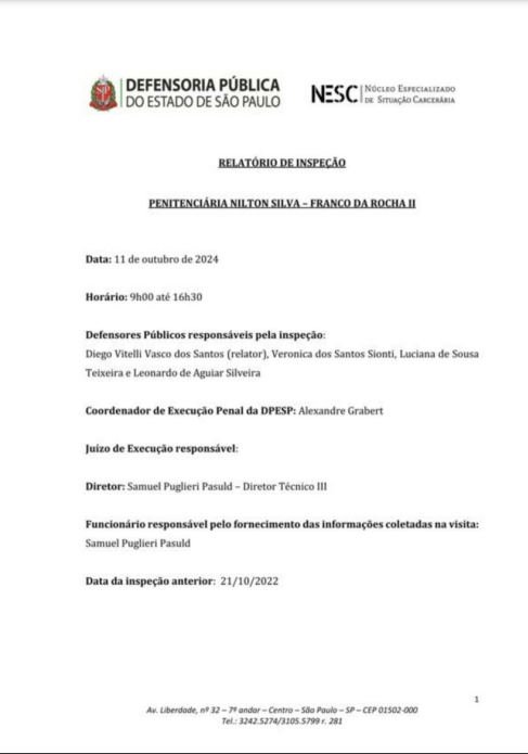 Relatório de Inspeção - Penitenciária de Franco da Rocha II - Datado de 11/10/2024