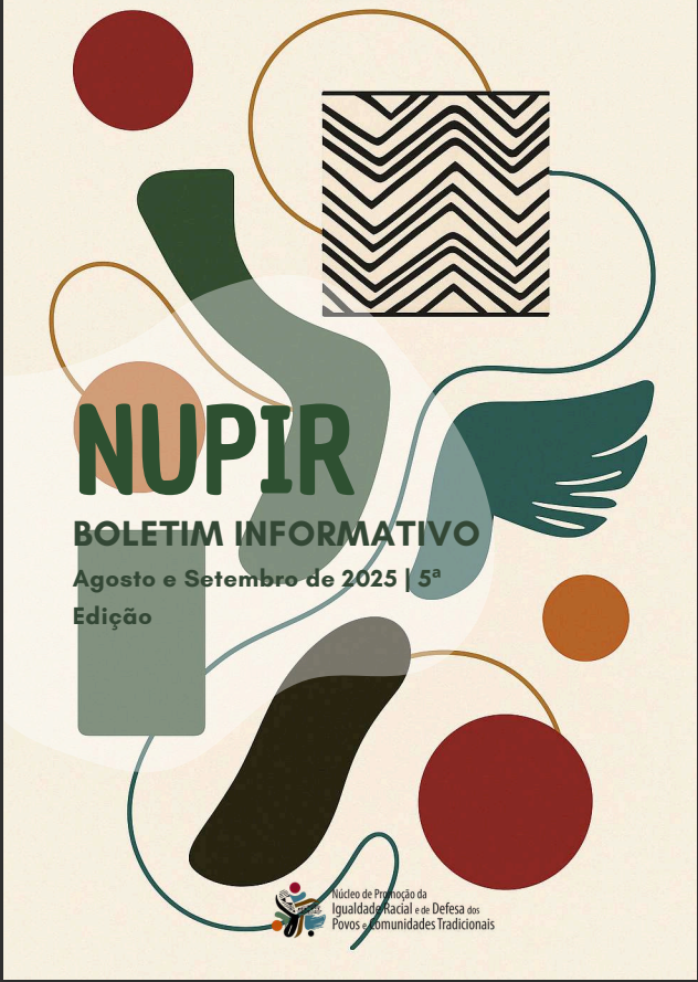 Capa do boletim NUPIR com formas abstratas coloridas e texto sobre igualdade racial e comunidades tradicionais. Edição de agosto e setembro de 2025.