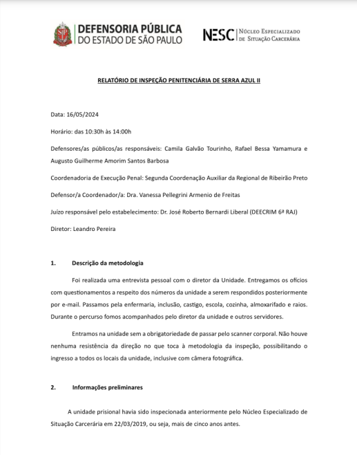 Relatório de Inspeção -Penitenciária de Serra Azul II inspeção datada de 16/05/2024