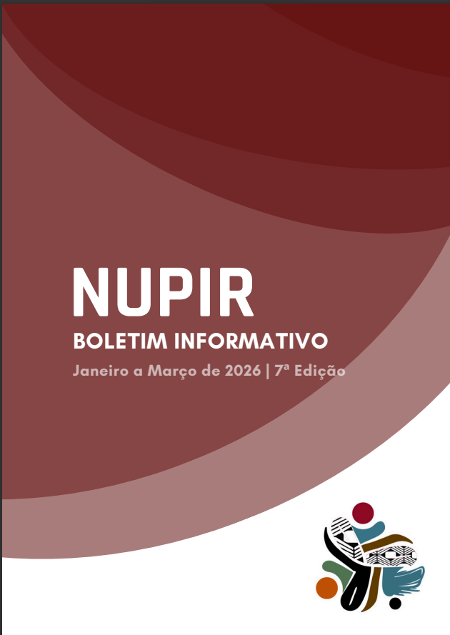  a capa do “Boletim Informativo NUPIR – 7ª Edição”, referente ao período de janeiro a março de 2026, com fundo em tons de vermelho e marrom em formas curvas; o texto aparece centralizado à esquerda, e no canto inferior direito há um logotipo estilizado composto por figuras abstratas coloridas em verde, amarelo, laranja, vermelho e preto.