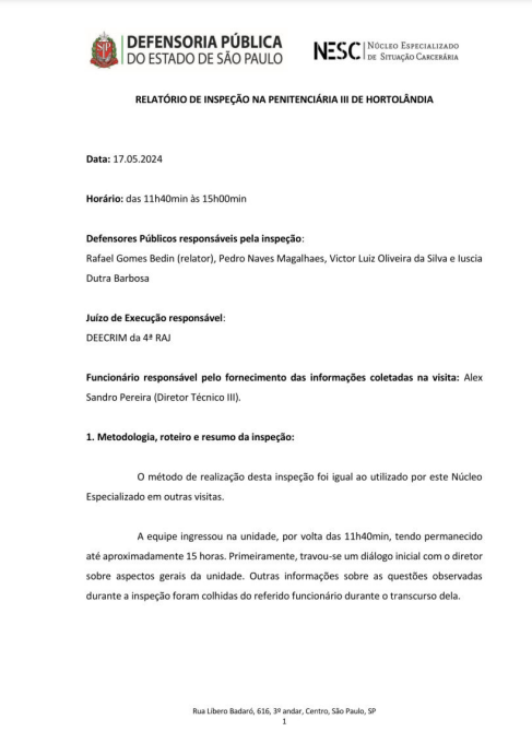 Relatório de Inspeção - Penitenciária de Hortolândia III - 17/05/2024 