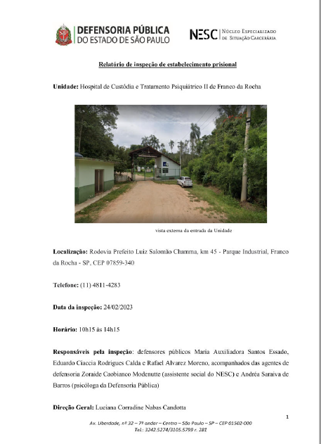 Relatório de inspeção do HCTP de Franco da Rocha II, datado de 24/02/2023