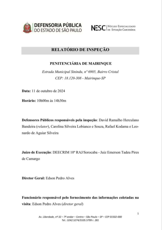 Capa de relatório de inspeção da Defensoria Pública de SP, referente à Penitenciária de Mairinque, datado de 9/5/2025.