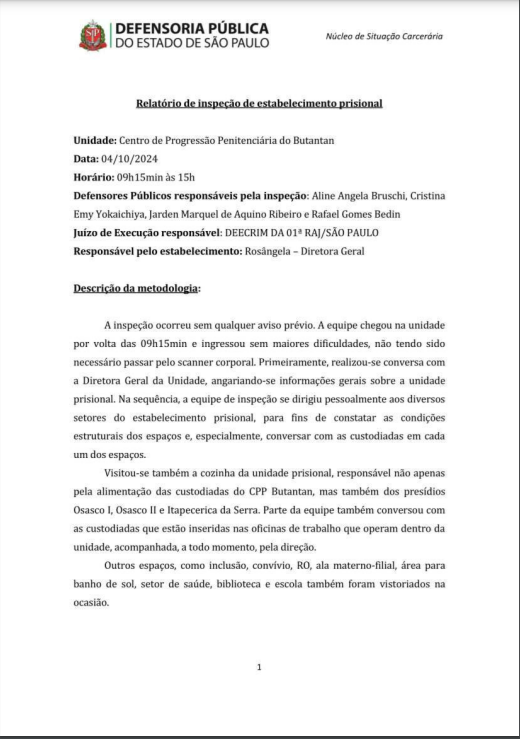 Relatório de Inspeção do Centro de Progressão Penitenciária Feminino do Butantã, datado de 04/10/2024