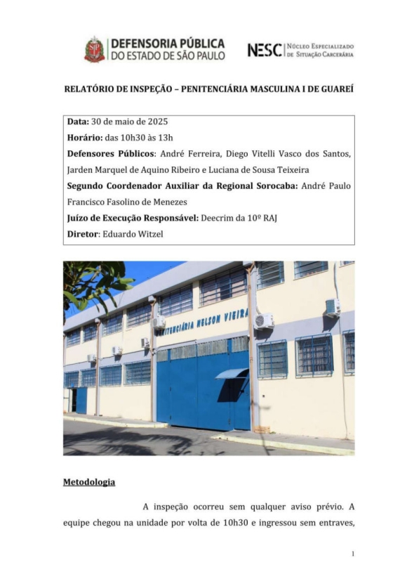 Capa de relatório de inspeção da Defensoria Pública de SP, referente à Penitenciária Masculina I de Guareí, com data, equipe responsável e foto da fachada do presídio.