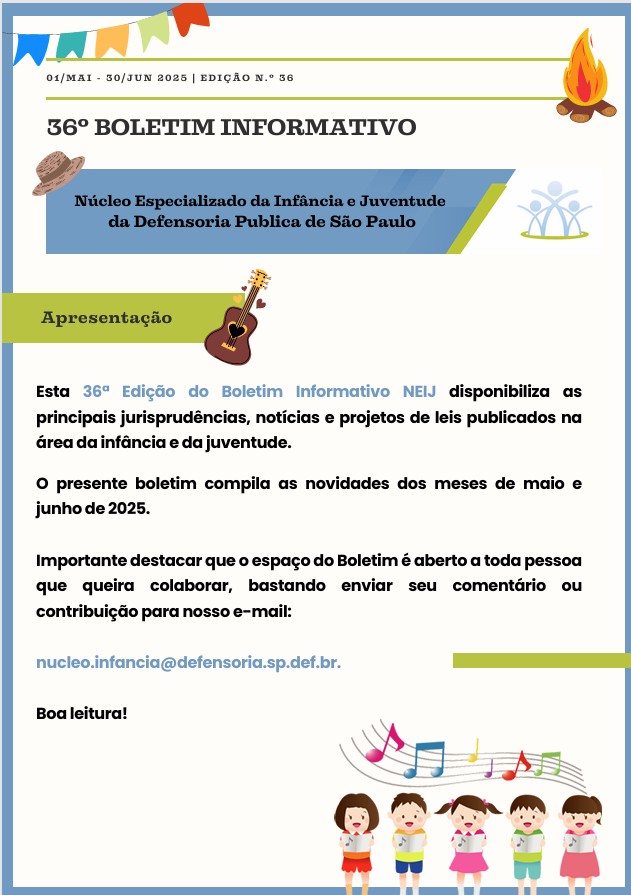 Capa do 36° Boletim Informativo do NEIJ, com o período indicado de 01 de maio a 30 de junho de 2025.