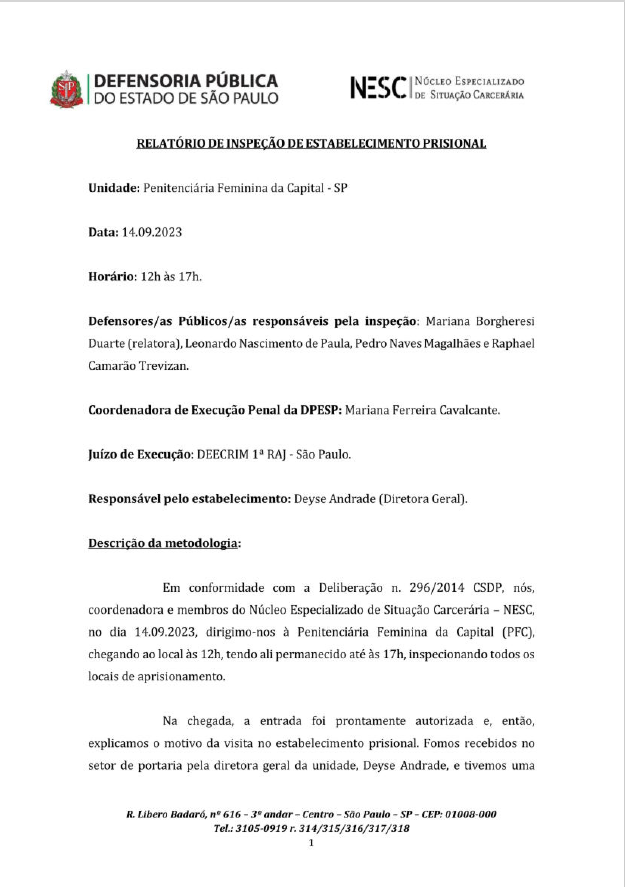 Relatório de Inspeção Penitenciária Feminina da Capital  datado de 14/09/2023.