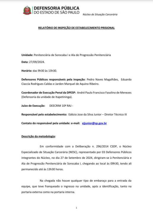 Relatório de Inspeção - Penitenciária de Sorocaba I - Datado de 27/09/2024