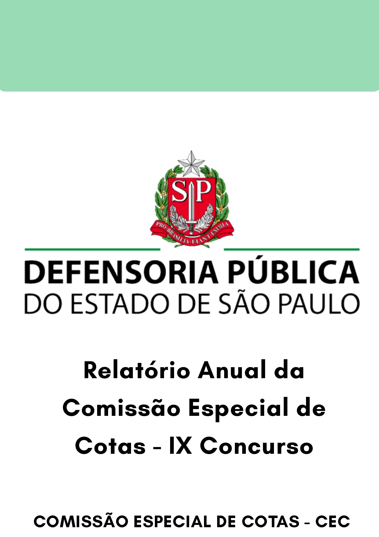 Fundo branco com faixa verde e brasão do Estado de São Paulo no topo. Título: “DEFENSORIA PÚBLICA DO ESTADO DE SÃO PAULO” e “Relatório Anual – IX Concurso”. Rodapé: “COMISSÃO ESPECIAL DE COTAS – CEC”.