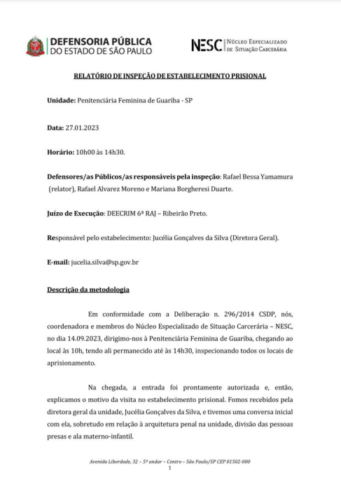 Relatório Penitenciária Feminina de Guariba - 27/01/2023