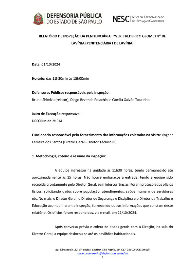 Relatório de Inspeção - Penitenciária de Lavínia I - 01/10/2024
