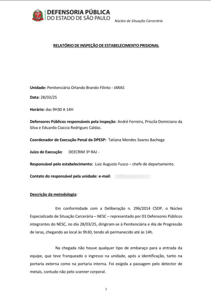 Capa do relatório de inspeção da Penitenciária de Iaras, tarjado, datado de 28032025