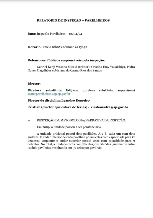 Relatório de Inspeção - Penitenciária de Parelheiros inspeção datada de 12/04/2024