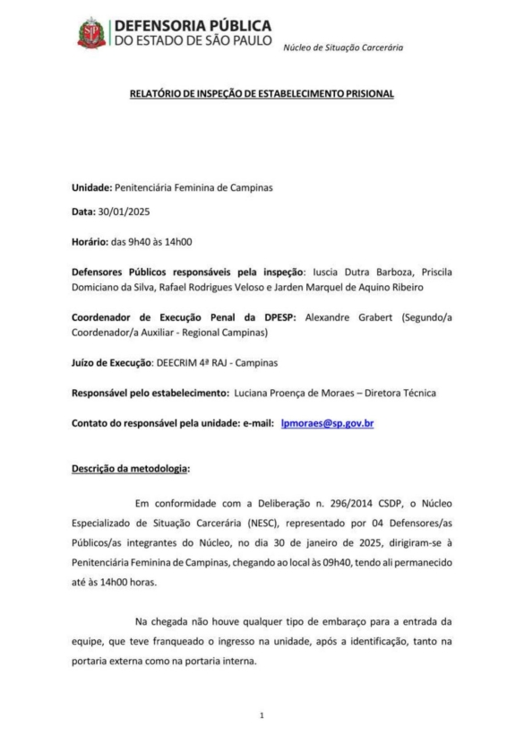 Documento oficial da Defensoria Pública de SP, datado de 30/01/2025 com Relatório de Inspeção da Penitenciária Feminina de Campinas feito pelo NESC. 
