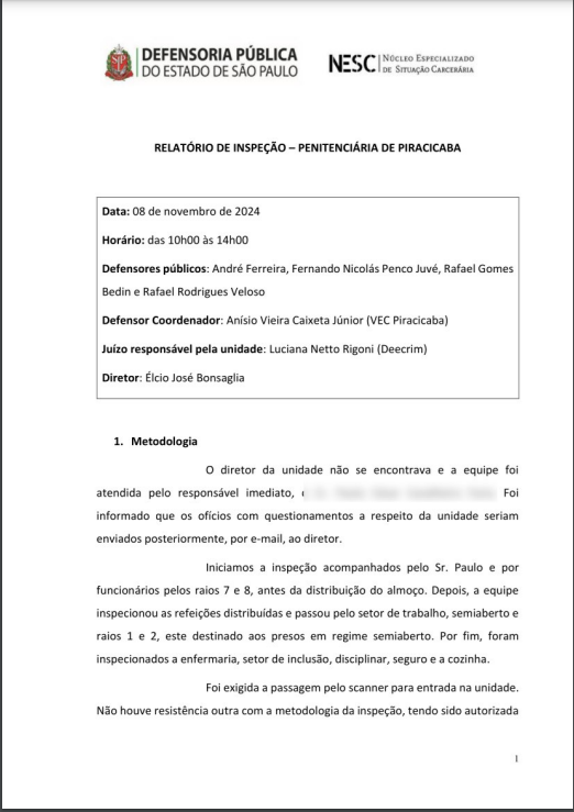 Relatório de Inspeção - Penitenciária de Piracicaba Datado de 8/11/2024