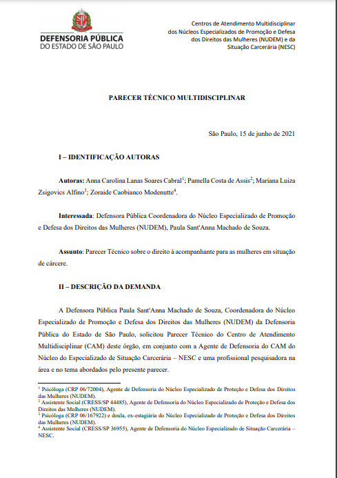 Nota Técnica - Parecer CAM´s NUDEM e NESC - Direito da mulher encarcerada gestante a acompanhante no parto