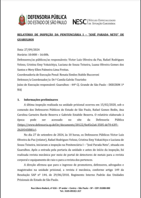 Relatório de Inspeção - Penitenciária de Guarulhos I - 27/09/2024 