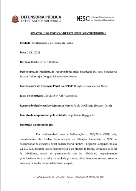 Relatório de Inspeção - Penitenciária de Franco da Rocha I - Inspeção dia 22/11/2023