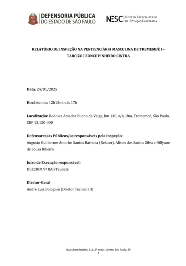 Relatório de Inspeção - Penitenciária Masculina de Tremembé I - Dia 24/01/2025