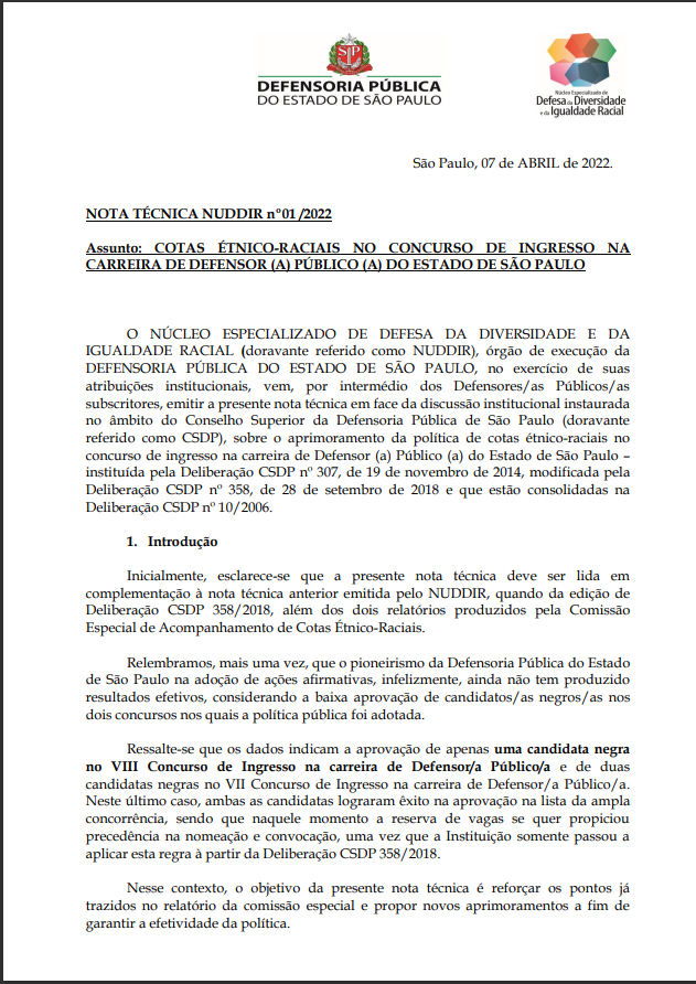 Capa de Documento oficial da Defensoria Pública de SP sobre cotas étnico-raciais no concurso para defensor(a), elaborado pelo NUDDIR em abril de 2022