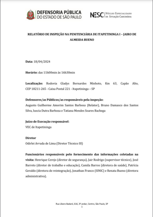 Relatório de Inspeção - Penitenciária de Itapetininga I - 18/04/2024