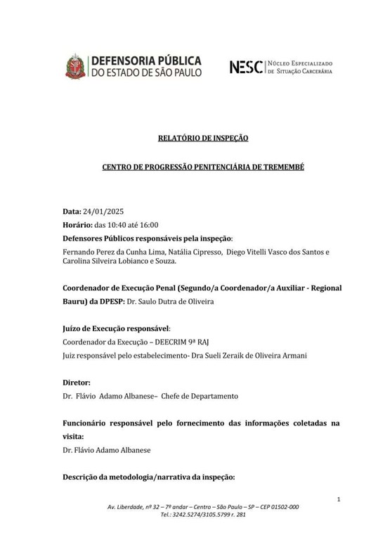 Relatório de Inspeção - Centro de Progressão Penitenciária de Tremembé - 24/01/2025