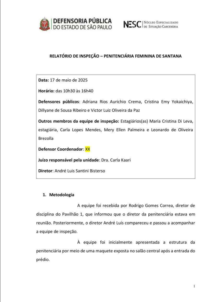 Capa do relatório de inspeção da Penitenciária Feminina de Santana feito no dia 16/05/2025