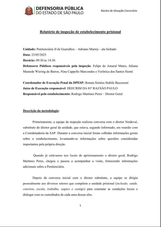 Capa de Relatório da Defensoria Pública sobre inspeção na Penitenciária de Guarulhos II no dia 23/05/2025