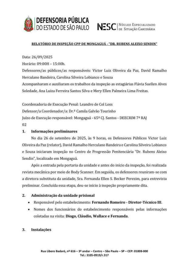 Capa do relatório de inspeção do Centro de Progressão Penitenciária de Mongaguá, referente à visita do dia 26/9/2025