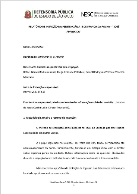 Relatório de Inspeção - Penitenciária de Franco da Rocha III, datado de 18/08/2023