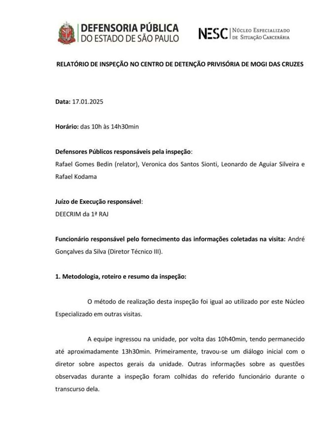 Relatório Inspeção Centro de Detenção Provisória de Mogi das Cruzes - 17/01/2025