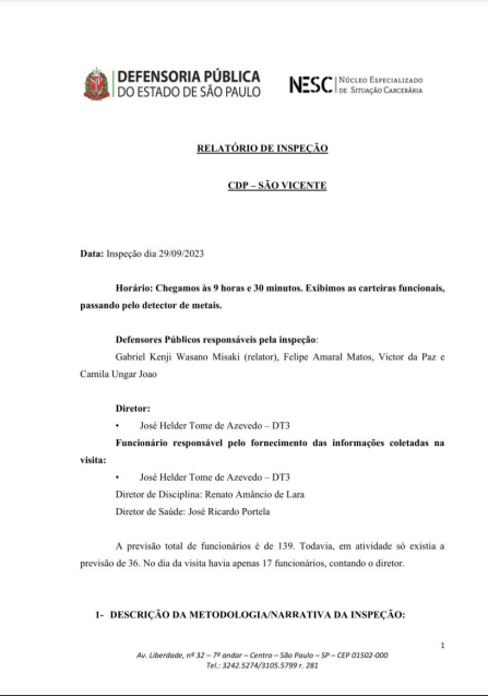 Relatório de Inspeção  CDP de São Vicente - Tarjado - 29/09/2023